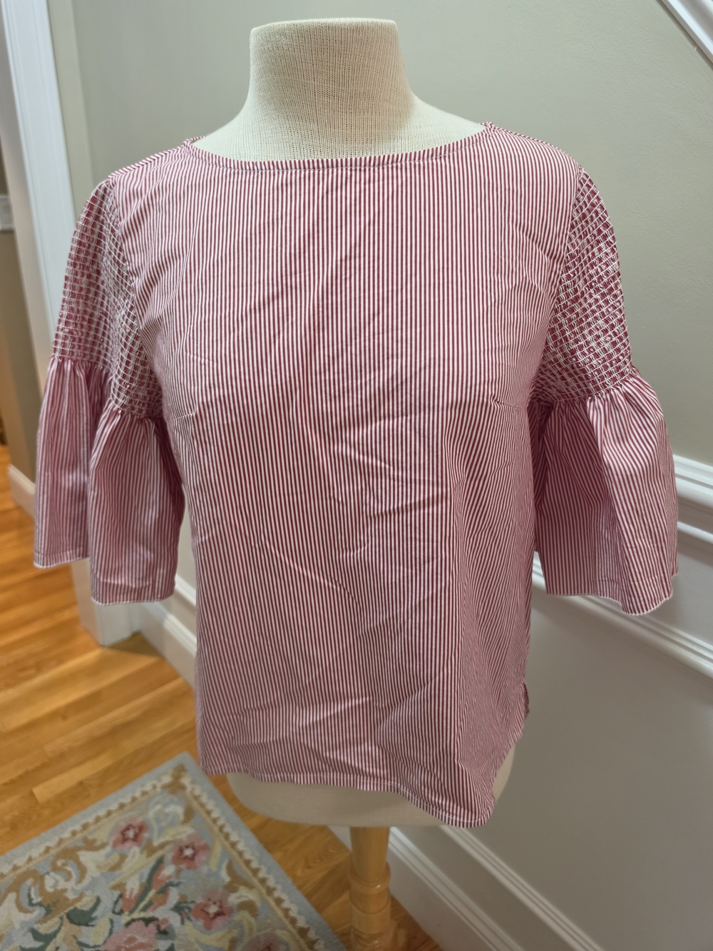 Vineyard Vines Red and White Pinstripe Smocked Sleeve Blouse